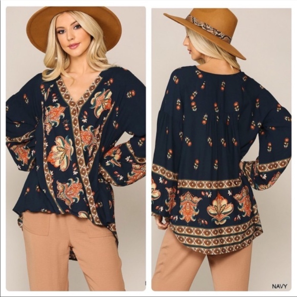 Navy Surplice Floral Print Top